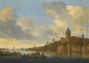 A View Of The Valkhof At Nijmegen Seen From The West, With A Ferry Crossing The River Waal