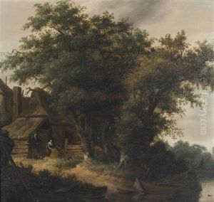 A Wooded River Landscape With Peasants Before A Cottage by Salomon van Ruysdael