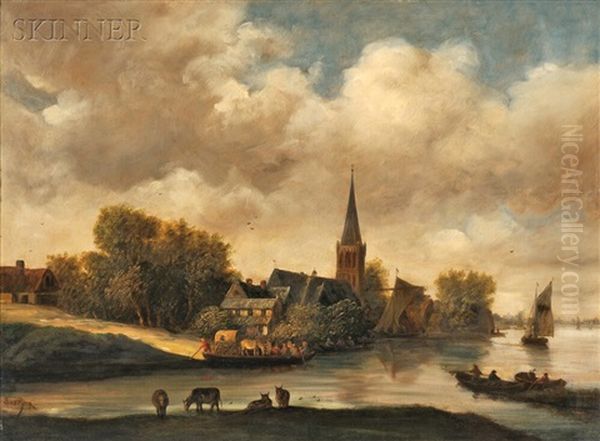 Village On A River With A Ferry Setting Out - view 1