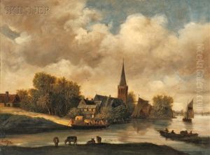 Village On A River With A Ferry Setting Out by Salomon van Ruysdael