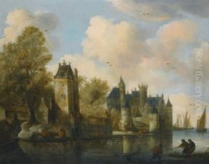 A Fortified Town On A River With A Ferry by Salomon van Ruysdael