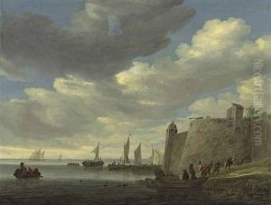 A River Estuary With Figures Pulling In Their Nets By A Fort, Wijdships At A Footbridge And Other Vessels Beyond