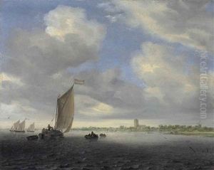 A Wijdship And Other Small Dutch Vessels On An Estuary, A Church Beyond by Salomon van Ruysdael