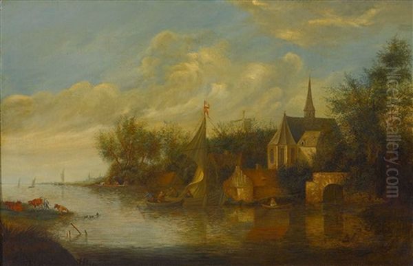 Hollandische Kanallandschaft Mit Einer Kirche - view 1