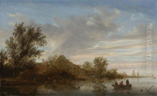 A River Landscape With Fishermen In Rowing Boats And Peasants By A Landing Stage Near A Farmhouse, Shipping Beyond - view 1