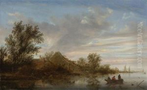 A River Landscape With Fishermen In Rowing Boats And Peasants By A Landing Stage Near A Farmhouse, Shipping Beyond by Salomon van Ruysdael