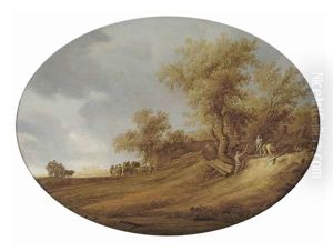 A Dune Landscape With Travelers On A Path And Three Men Mending A Fence by Salomon van Ruysdael