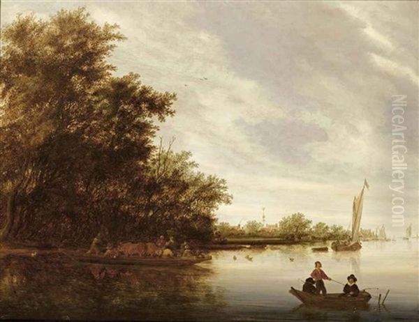 A River Landscape With A Crowded Ferry Crossing And Fishermen In A Rowing Boat, A Village Beyond - view 1