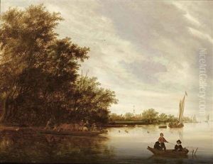 A River Landscape With A Crowded Ferry Crossing And Fishermen In A Rowing Boat, A Village Beyond A River Landscape With A Crowded Ferry Crossing And Fishermen In A Rowing Boat, A Village Beyond