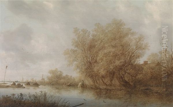 Eine Weite Flusslandschaft Mit Einer Entenjagd - view 1