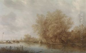 Eine Weite Flusslandschaft Mit Einer Entenjagd by Salomon van Ruysdael