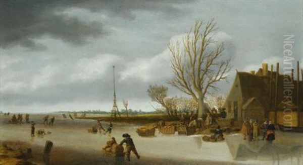 Winter Landscape With A Boy On Skates Pushing A Sled - view 1