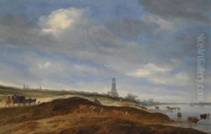 A Panoramic View Of Rhenen From The Banks Of The Rhine To The West Of The City, With The Church Of St. Cunera In The Distance, And A Horse-drawn Wagon And Cattle In The Foreground