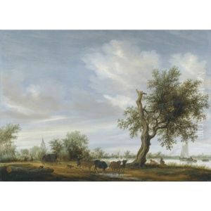 A River Landscape With Travellers And Herders On A Path, A Church Beyond by Salomon van Ruysdael
