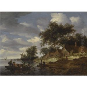 A River Landscape With Figures Crossing To The Shore On A Cattle Ferry, With Washerwomen On The Bank A River Landscape With Figures Crossing To The Shore On A Cattle Ferry, With Washerwomen On The Bank