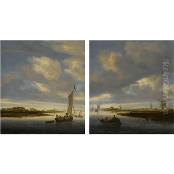 A River Landscape With A Sailing Boat Heading Seaward, A Large Church On The Bank To Its Left (+ A River Landscape With Figures In A Rowing Boat, Three Windmills And A Church On The Bank To Its Right; Pair) - view 1