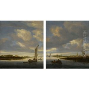 A River Landscape With A Sailing Boat Heading Seaward, A Large Church On The Bank To Its Left (+ A River Landscape With Figures In A Rowing Boat, Three Windmills And A Church On The Bank To Its Right; Pair) by Salomon van Ruysdael