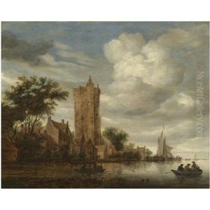 A River Landscape With A View Of The Bijlhouwerstoren, Utrecht, Set In A Village On The Bank