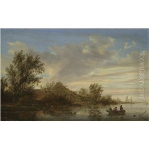 A River Landscape With Fishermen In Rowing Boats A River Landscape With Fishermen In Rowing Boats