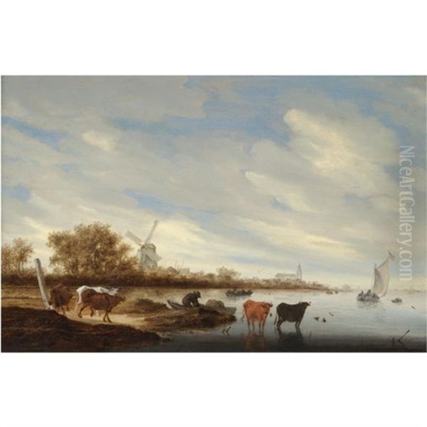 A River Estuary With Cows In The Foreground Shallows, A Fisherman Unloading His Catch Beyond - view 1