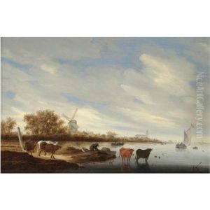 A River Estuary With Cows In The Foreground Shallows, A Fisherman Unloading His Catch Beyond A River Estuary With Cows In The Foreground Shallows, A Fisherman Unloading His Catch Beyond