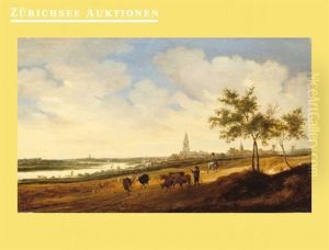 Weite Flusslandschaft Mit Kuhen Vor Rhenen by Salomon van Ruysdael
