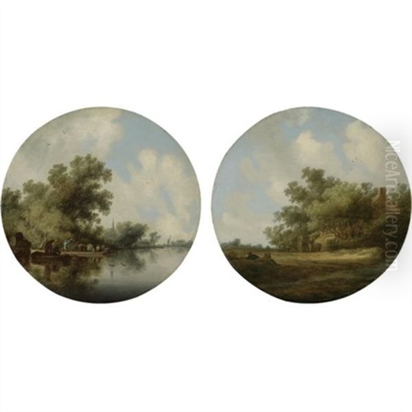 A River Landscape With A Cattle Ferry By A Wooded Bank (+ A Landscape With Figures In A Wagon By A House Overhung With Tress; Pair) - view 1