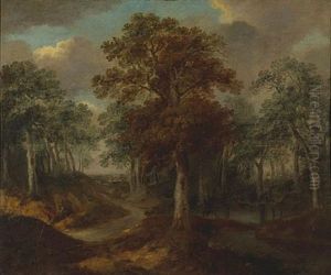 A Wooded Landscape With Figures Quarrying By The Roadside With A Village Beyond