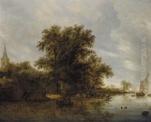 A River Landscape With A Cattle Ferry A River Landscape With A Cattle Ferry