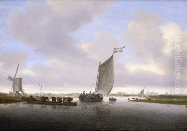 Flusslandschaft Mit Fahre Und Einem Mit Vieh Beladenem Boot - view 1