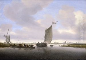 Flusslandschaft Mit Fahre Und Einem Mit Vieh Beladenem Boot by Salomon van Ruysdael