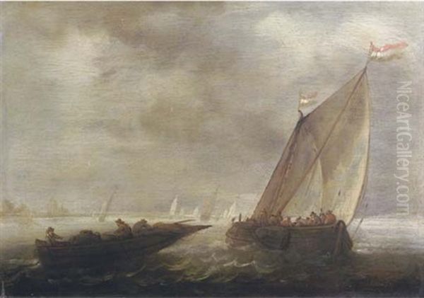 A Sailing Vessel And A Rowing Boat In A Stiff Breeze Together With Other Shipping, A Village Beyond - view 1