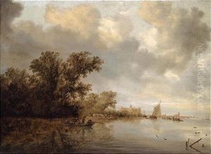 A River Landscape With A Ferryboat And Fishing-boat With A Man Shooting Ducks, A Town Beyond by Salomon van Ruysdael