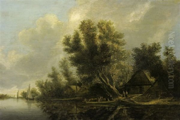 Bewaldete Flusslandschaft Mit Bauernhausern Und Einer Fahre - view 1