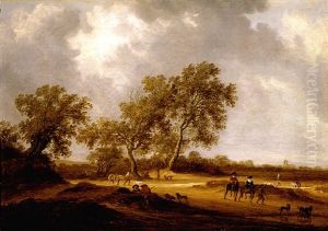 A Sandy Landscape With Travellers On Foot And Mounted, Others Resting, A Church In The Distance