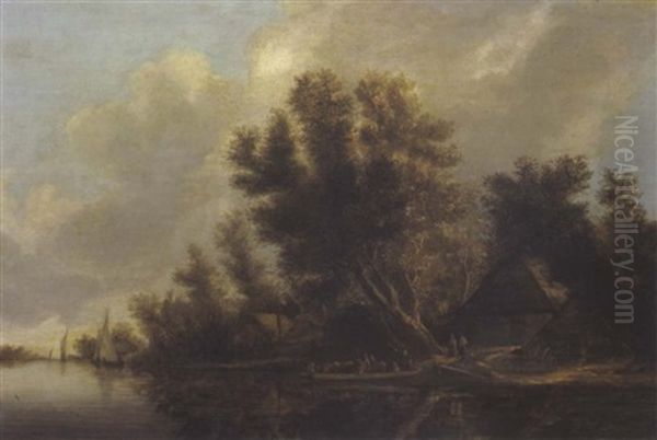 Bewaldete Flusslandschaft Mit Bauernhauser Und Einer Fahre - view 1