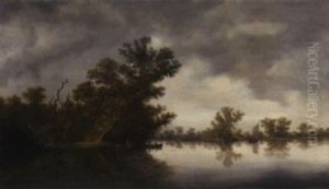 A Wooded River Landscape With Fishermen In Boats by Salomon van Ruysdael