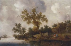 A Riverbank With Fisherman And Other Figures