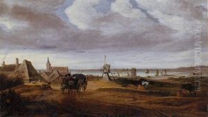 A Coastal Landscape With Carriages On A Track Approaching A Village, Boats And Figures On The Strand Beyond by Salomon van Ruysdael