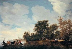 A River Landscape With A Cattle Ferry A River Landscape With A Cattle Ferry