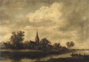 Paysage Fluvial Avec Pecheurs Remontant Leurs Filets