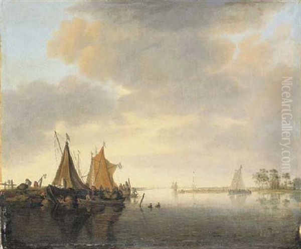 An Estuary Landscape With Sailing Vessels Moored At A Jetty In A Calm - view 1