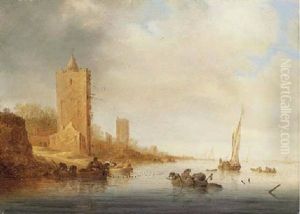 A River Landscape With Fishermen Laying Out Nets And Pots, A Watchtower And Other Buildings On The Bank Beyond