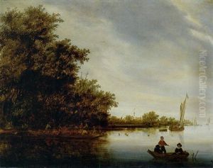 River Landscape With Fishermen In A Rowing Boat And A Ferry