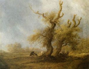A Wooded Landscape With Shepherds And Their Herd Resting Near Oak Trees