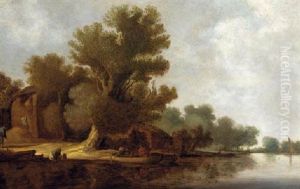 A Wooded River Landscape With Peasants By A Ferry A Wooded River Landscape With Peasants By A Ferry