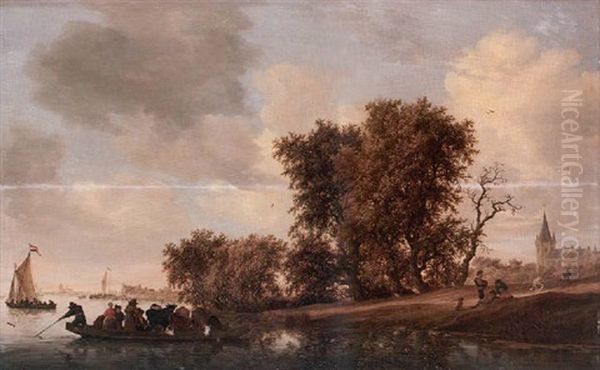 A River Landscape With Figures On A Wooded Bank Awaiting The Approach Of A Heavily Laden Ferry, A Church And Dutch Kaags In An Estuary Beyond - view 1