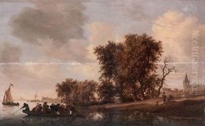 A River Landscape With Figures On A Wooded Bank Awaiting The Approach Of A Heavily Laden Ferry, A Church And Dutch Kaags In An Estuary Beyond by Salomon van Ruysdael