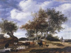A Wooded Landscape With Herdsman Watering Cattle, A Roier On Sandy Path Nearby