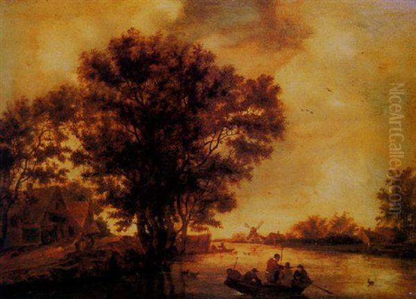 A River Landscape With A Windmill And Figures In A Boat In The Foreground - view 1